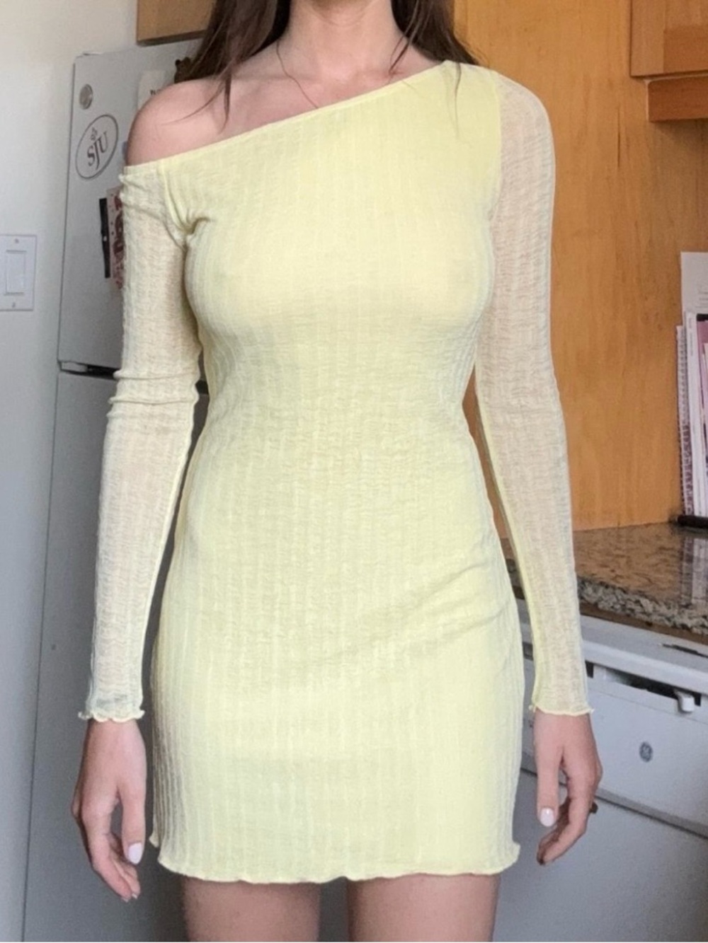 Tiger mist off the-Shoulder Long-Sleeve Ribbed Mini Dress in Pale Yellow